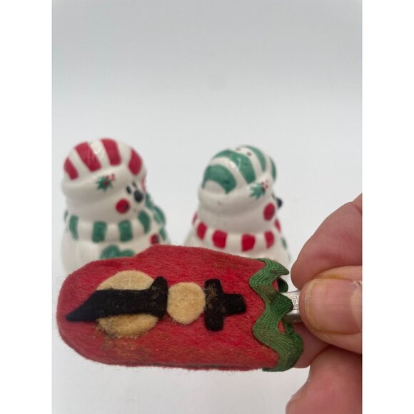 Snowman Ceramic Salt & Pepper Shakers With Christmas Felt Ornament - Red & Green - Picture 7 of 9
